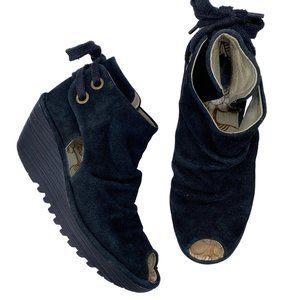 Fly London Black Suede Peep-Toe Wedge Sandals